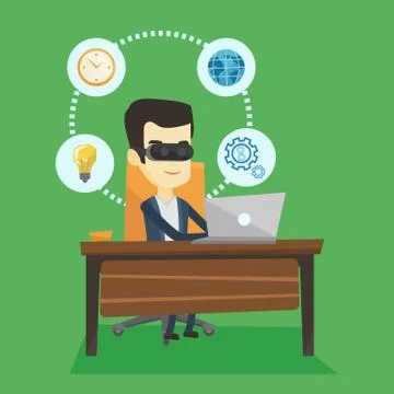 Businessman in vr headset working on computer Stock Illustration