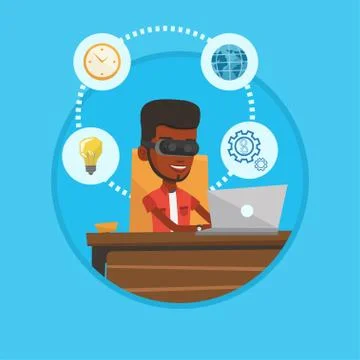 Businessman in vr headset working on computer 스톡 일러스트