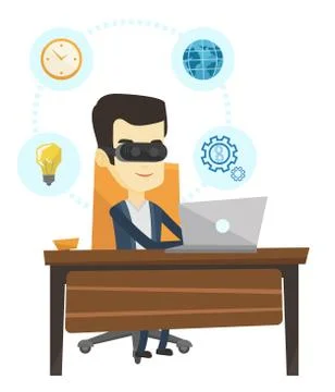 Businessman in vr headset working on computer Stock Illustration