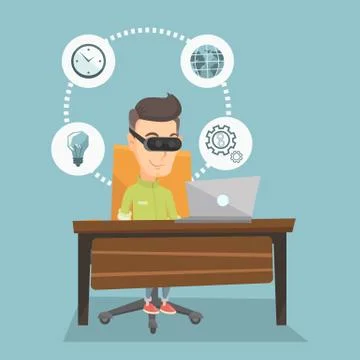 Businessman in vr headset working on computer. 스톡 일러스트