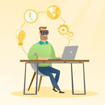 Businessman in vr headset working on a computer. Stock Illustration