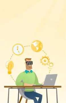 Businessman in vr headset working on a computer. Stock Illustration