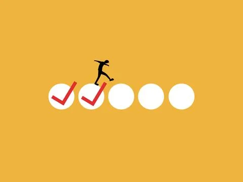Businessman walked cautiously on the progress checkpoint Stock Illustration
