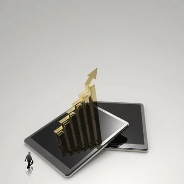 Businessman walking to 3d tablet computer with a bar graph as concept Stock Illustration