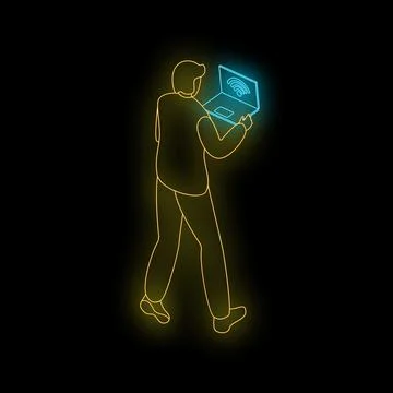 Businessman walking and using laptop with wifi signal, neon style illustratio Stock Illustration