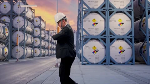 Businessman Walking, Checking Time in Watch with Chemical Tanks Stock Footage 340829715