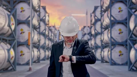 Businessman Walking, Checking Time in Watch with Chemical Tanks Stock Footage 340829961