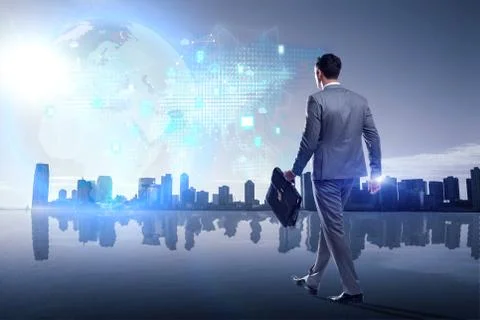 Businessman walking in cloud computing concept 스톡 사진