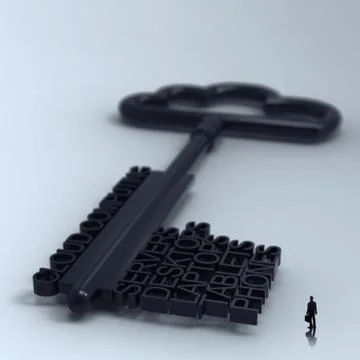 Businessman walking to cloud computing diagram with metallic cloud and the ke Ilustración de archivo