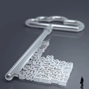 Businessman walking to cloud computing diagram with metallic cloud and the ke Stock Illustration