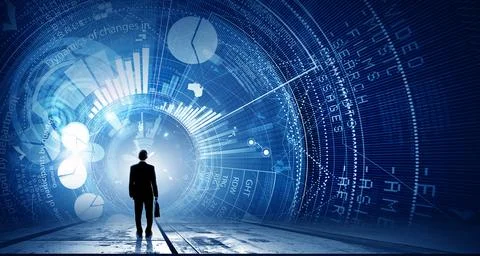 Businessman Walking Into Digital Data Analytics Future Stock Photos