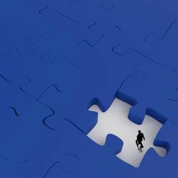 Businessman walking in missing 3d puzzle piece as concept Stock Illustration