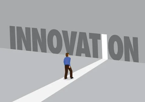 Businessman walking towards a light path with the text innovation. Business c Stock Illustration