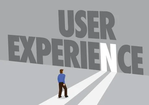 Businessman walking towards a light path with the text User Experience. Busin Stock Illustration