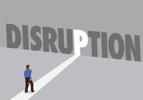 Businessman walking towards a light path with the text disruption. Business c Stock Illustration