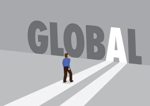 Businessman walking towards a light path with the text global. Business conce Stock Illustration