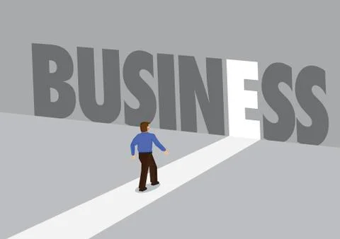 Businessman walking towards a light path with the text business. Business con Stock Illustration