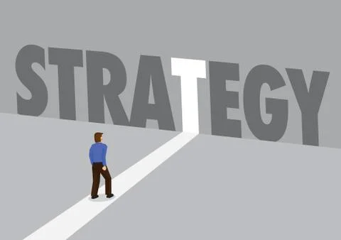 Businessman walking towards a light path with the text strategy. Business con Stock Illustration