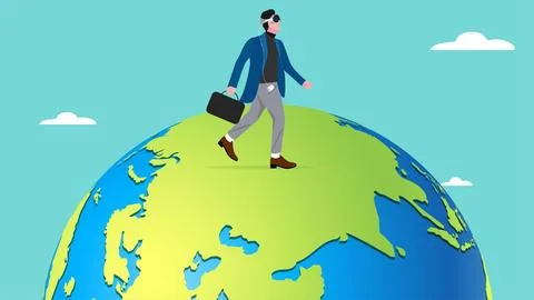 Businessman walking using mixed reality headset with augmented and virtual .. 스톡 일러스트