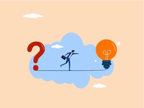 Businessman walks from problem sign to light bulb Stockillustratie