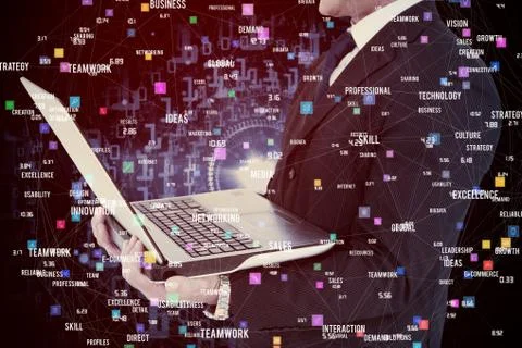 Businessman with watch using tablet pc against shiny spiral of binary code Stock Photos
