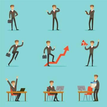 Businessman Work Process Set Of Business Related Scenes With Young Entrepreneur Stock Illustration