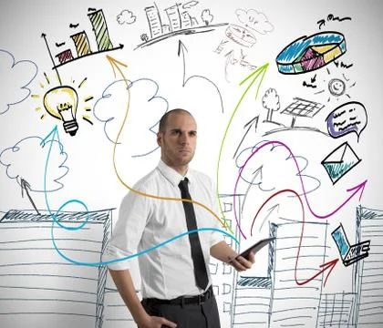 Businessman at work with tablet Illustrazione stock