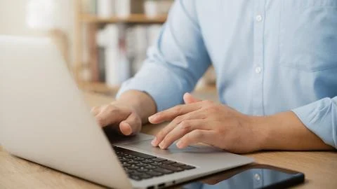 Businessman Work using laptop computer contact us at workplaces, planning b.. Stock Photos