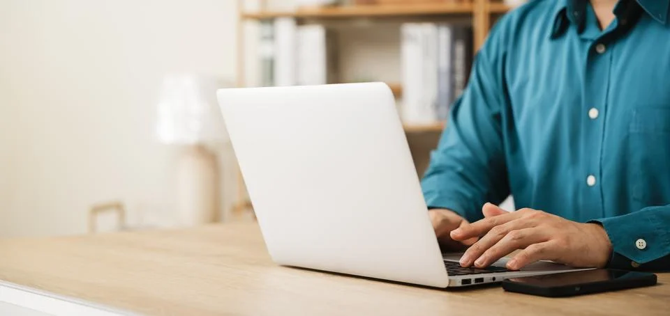 Businessman Work using laptop computer contact us at workplaces, planning b.. 스톡 사진