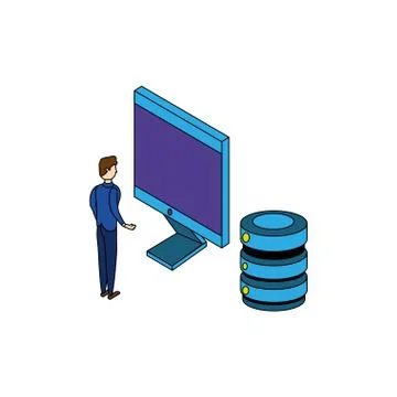 Businessman worker with computer and data center disks Illustrazione stock