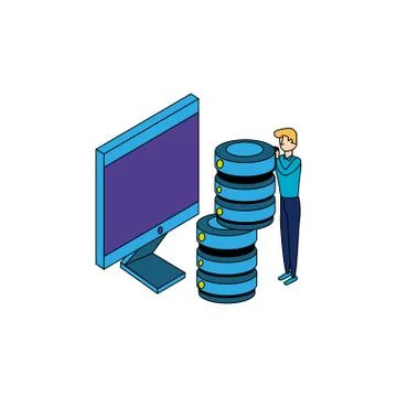 Businessman worker with computer and data center disks Stock Illustration