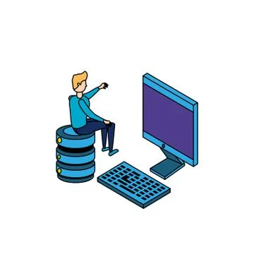 Businessman worker with computer and data center disks Stock Illustration