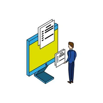 Businessman worker with computer and documents Stock Illustration