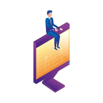 Businessman worker seated in display computer 스톡 일러스트