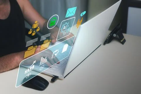 Businessman working with artificial intelligence technology, managing data and Stock Photos