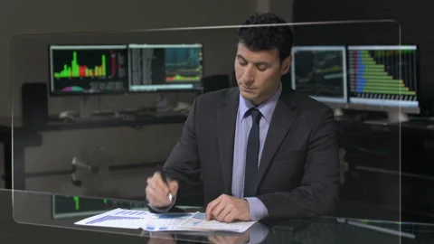  Businessman Working With Big Digital Screen Stock-Footage 210408589