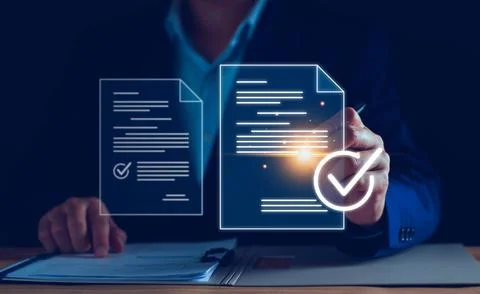 Businessman working. Checking mark up on the check boxes. Successful completi Stock Photos