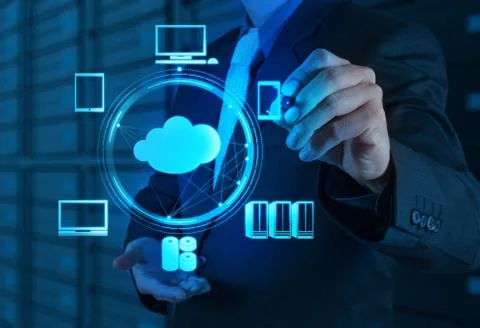 Businessman working with a cloud computing diagram on the new computer Illustrazione stock