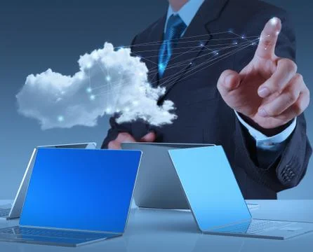 Businessman working with a cloud computing diagram on the new computer interf Stockillustratie