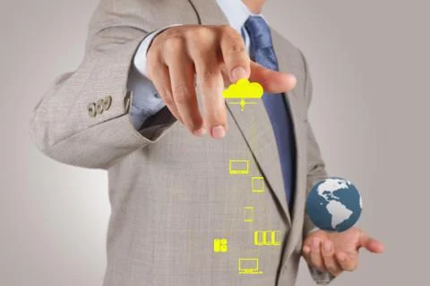 Businessman working with a cloud computing diagram on the new computer Illustrazione stock