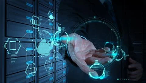 Businessman working with a cloud computing diagram on the new computer interf Stock Illustration