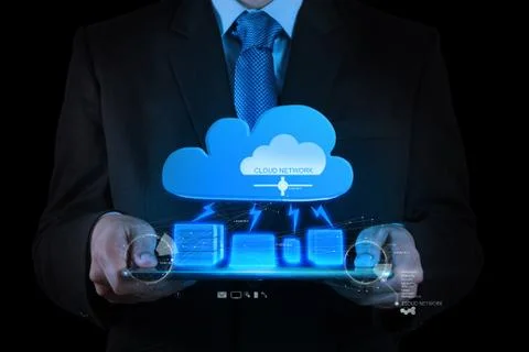 Businessman working with a cloud computing diagram on the new computer interf Stock Illustration