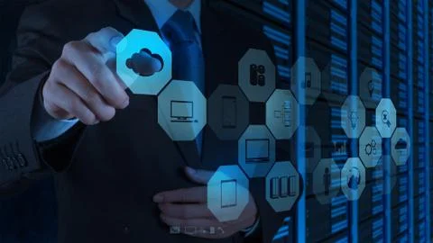 Businessman working with a cloud computing diagram on the new computer Stock Illustration