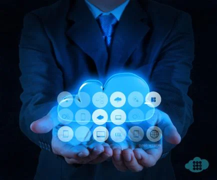 Businessman working with a cloud computing diagram on the new computer interf Stockillustratie