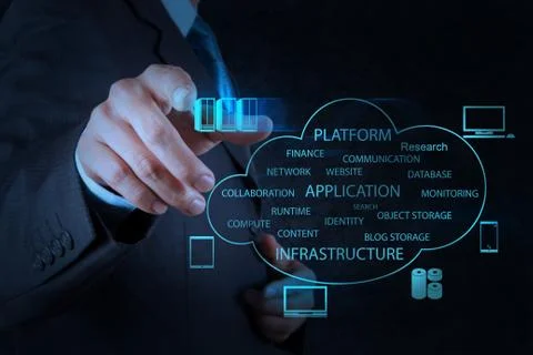 Businessman working with a cloud computing diagram on the new computer interf Ilustración de archivo