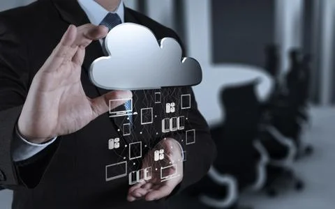 Businessman working with a cloud computing diagram on the new computer interf Stock Illustration