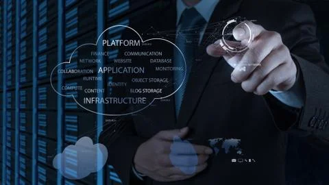 Businessman working with a cloud computing diagram on the new computer interf Illustrazione stock