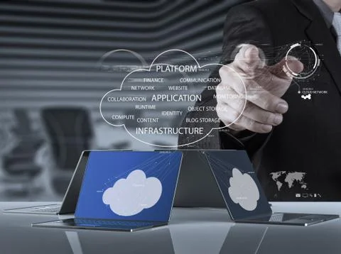 Businessman working with a cloud computing diagram on the new computer interf Illustrazione stock