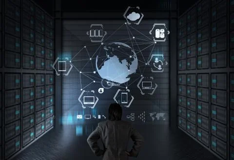 Businessman working with a cloud computing diagram on the new computer interf Stockillustratie