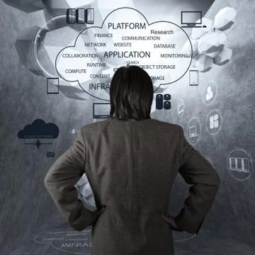 Businessman working with a cloud computing diagram on the new computer interf 스톡 일러스트
